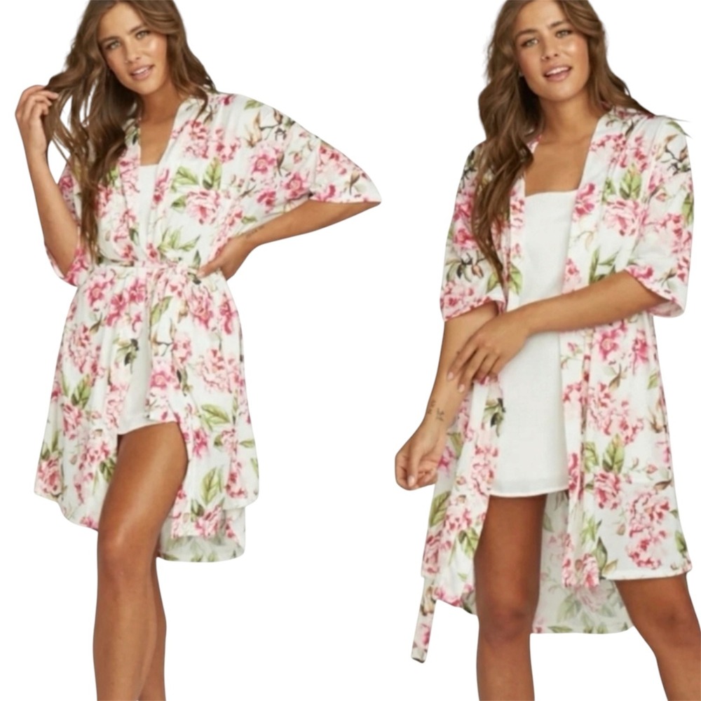 Show Me Your Mumu Kimono Robe Womens OS Pink Floral Wrap Lightweight Cottagecore